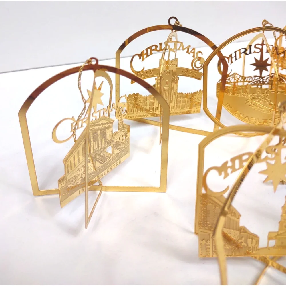 Lot of 6 VTG CHARLESTON SC Novelty 24K Gold Plate Flat Christmas Ornaments 90s